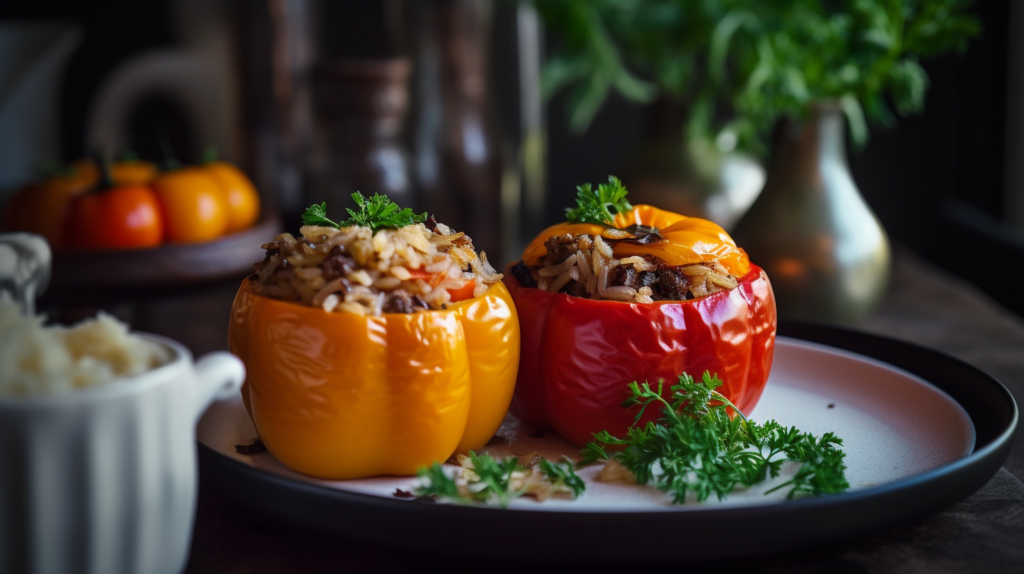 Vibrant stuffed bell peppers filled with rice and vegetables on a plate.