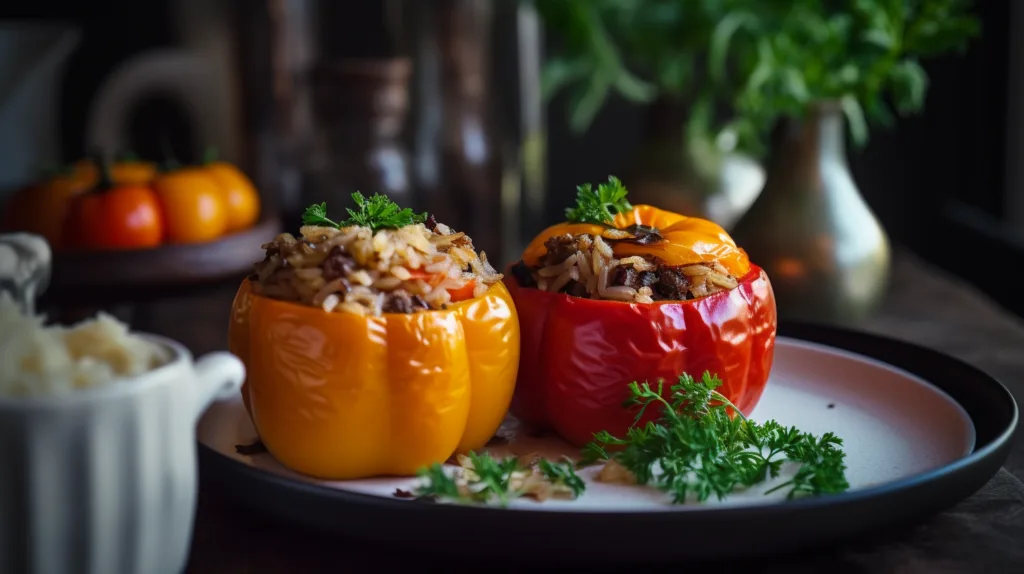 What Sounds Good for Dinner on a Sunday? 10 Tasty Ideas to Try 3 Vibrant stuffed bell peppers filled with rice and vegetables on a plate.