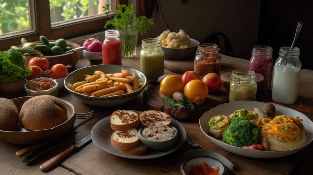 Gluten-free meal spread featuring potatoes, fresh vegetables, rice cakes, and condiments