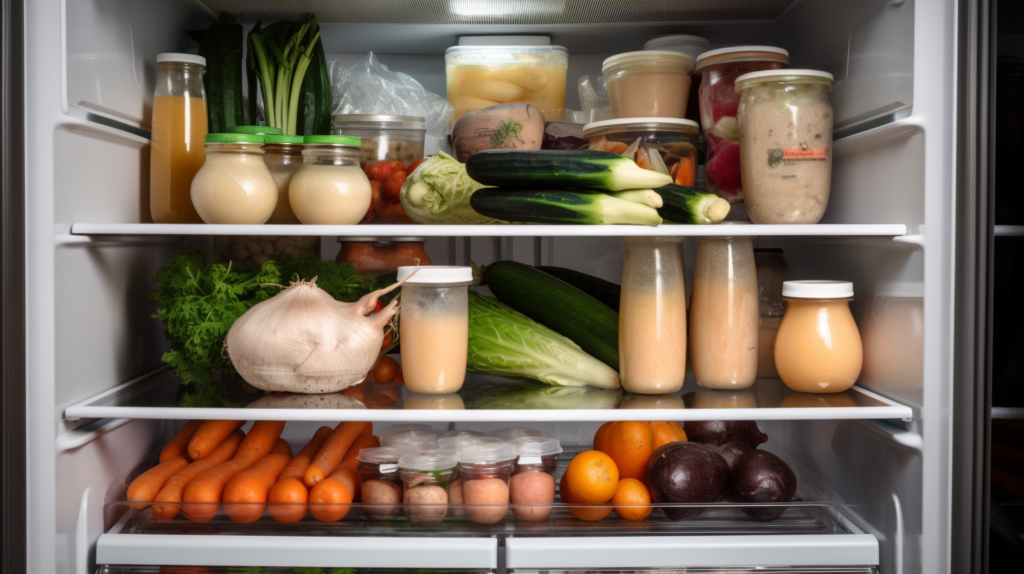 An opened jar of tahini stored on a refrigerator shelf next to fresh produce and condiments.