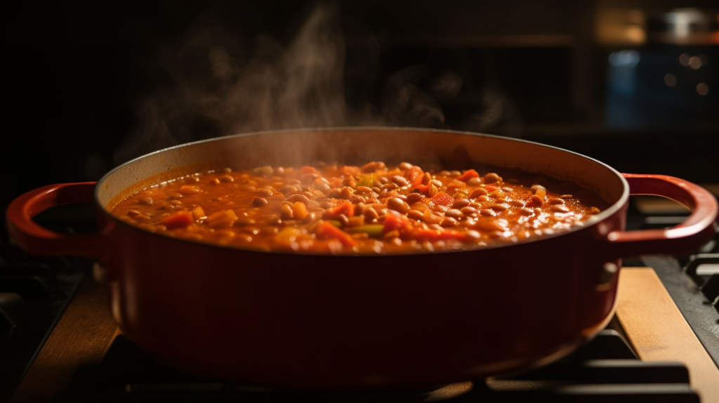 A pot of tomato lentil soup simmering on the stove, surrounded by fresh tomatoes, lentils, and spices.