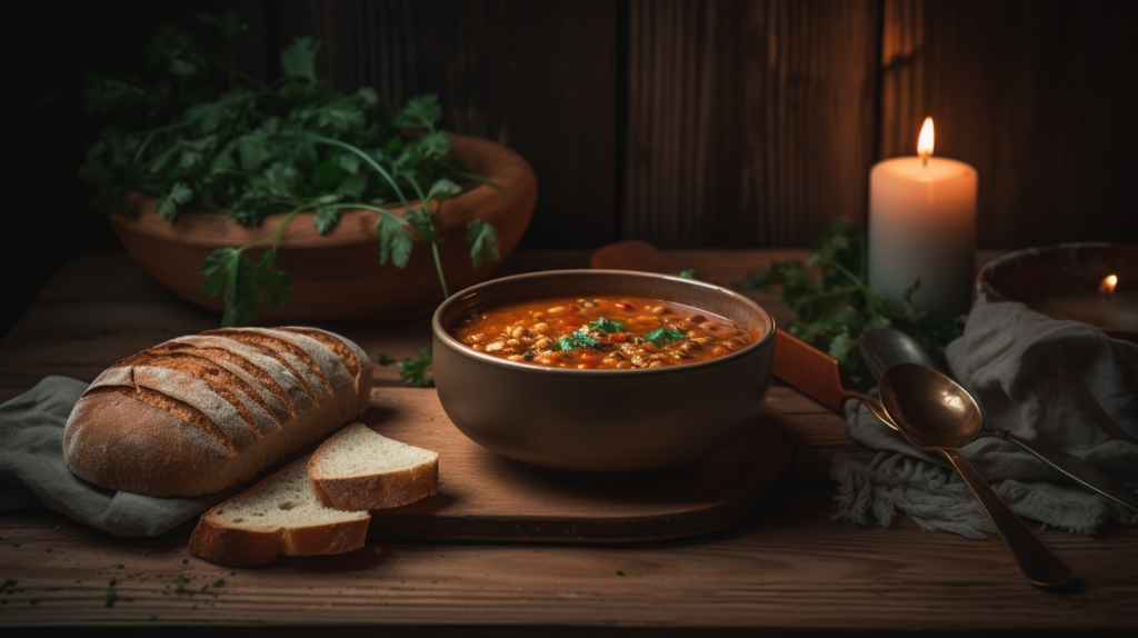 A bowl of tomato lentil soup served with a slice of bread, fresh parsley garnish, and a rustic wooden background.