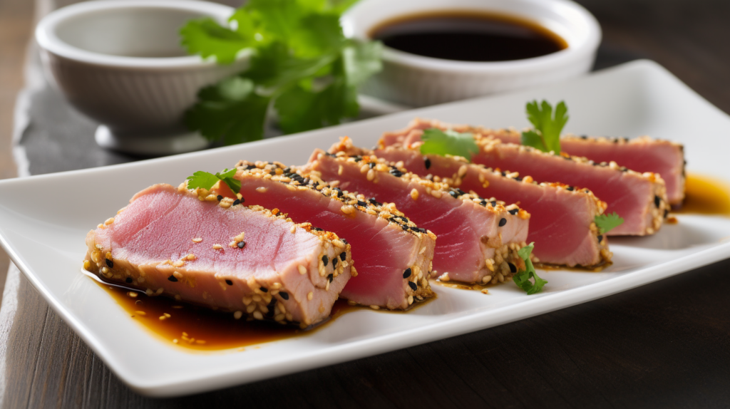 Seared sesame seed crusted tuna slices with a golden crust and vibrant pink center, served on a white plate with soy dipping sauce.