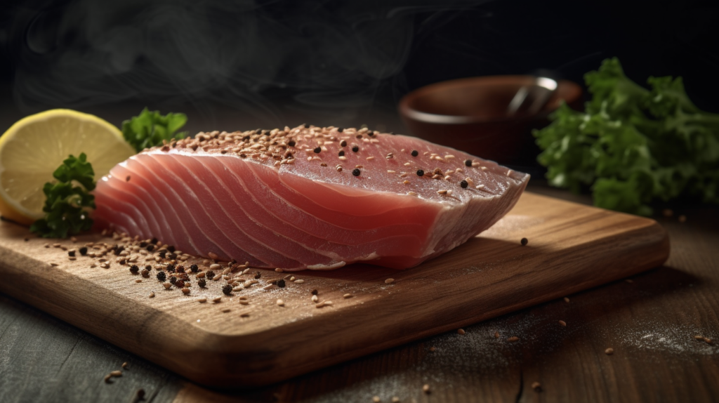 Raw tuna steak coated evenly with white and black sesame seeds, placed on a wooden cutting board.