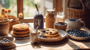 Blueberry breakfast recipes: A breakfast table featuring blueberry pancakes, muffins, a smoothie bowl, and fresh blueberries