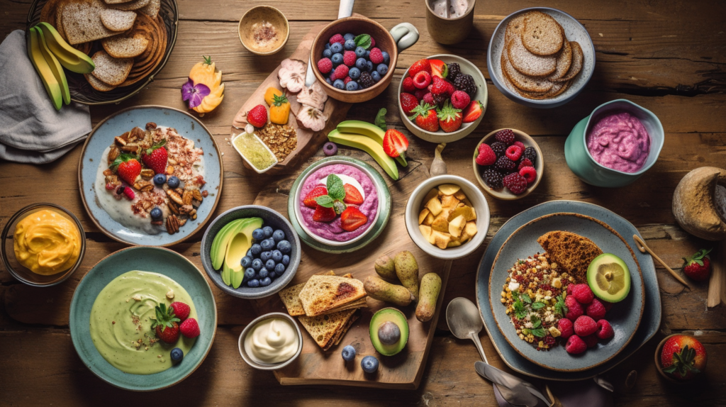 A vibrant spread of vegan breakfast ideas, including smoothie bowls, avocado toast, tofu scramble, and energy bars, arranged on a rustic table.