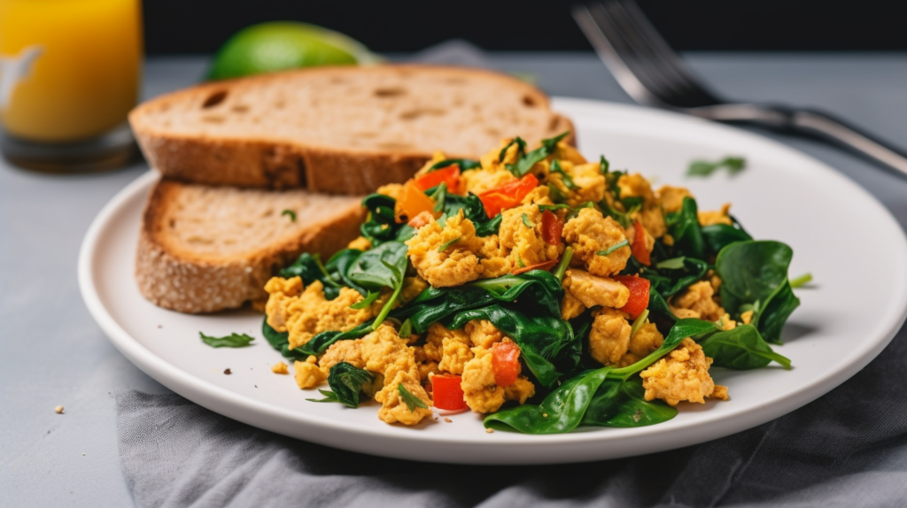 Close-up of a tofu scramble with sautéed vegetables, garnished with fresh parsley, served on a white plate alongside whole-grain toast.