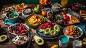 A colorful breakfast spread featuring a variety of vegan dishes, including smoothie bowls, avocado toast, and pancakes, styled on a wooden table.