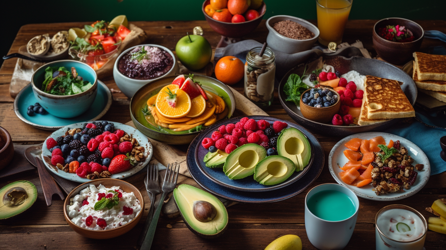 A colorful breakfast spread featuring a variety of vegan dishes, including smoothie bowls, avocado toast, and pancakes, styled on a wooden table.