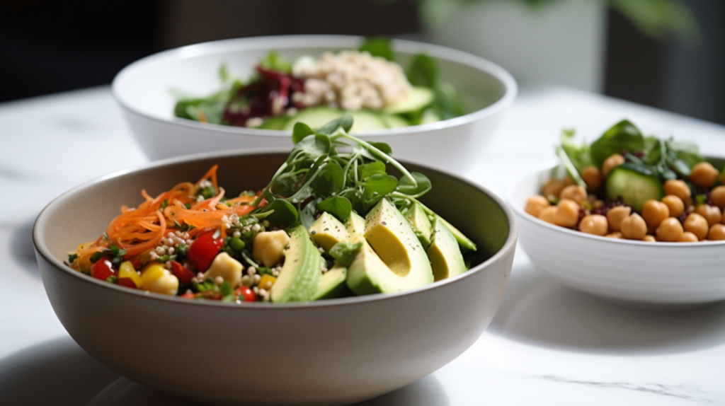 Two vegan salads: one quinoa salad with vegetables and one creamy avocado chickpea salad, served in bowls.