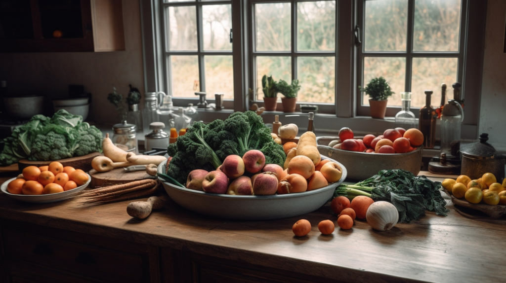 An assortment of fresh seasonal winter vegetables and fruits, including root vegetables, kale, and apples.