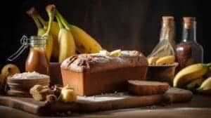 Freshly baked loaf of 4 ingredient banana bread with bananas and baking ingredients.