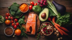 A beautifully arranged flat lay of Vitamin A-rich foods including salmon, avocado, carrots, broccoli, tomatoes, raspberries, and nuts, presented on a wooden surface with a rustic vibe