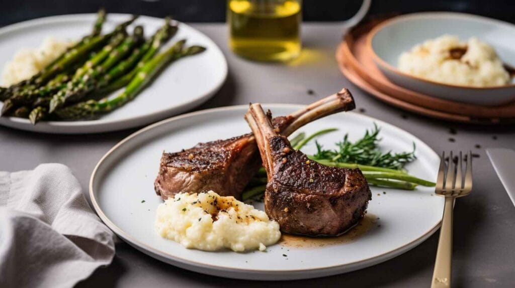 Air Fryer Lamb Chops: Easy, Juicy, and Perfect Every Time 3 Air fryer lamb chops served with garlic mashed potatoes, roasted asparagus, and fresh herbs on a white plate.