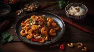 A plated Cashew Shrimp dish with cashews, red bell peppers, and green onions on a rustic wooden table.