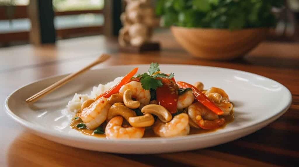 Cashew Shrimp: 10 Easy Recipes You Can Make Tonight! 2 A close-up of Cashew Shrimp served on a white plate with red bell peppers, cashews, and green onions.