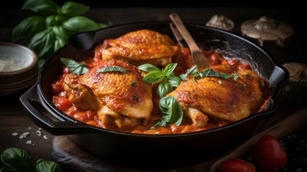 Chicken With Marinara Sauce: Easy Steps To Create A Masterpiece 2 Chicken cooking in marinara sauce in a skillet.