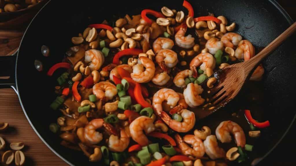 Cashew Shrimp: 10 Easy Recipes You Can Make Tonight! 3 A wok sizzling with shrimp, cashews, red bell peppers, and green onions being stirred with a wooden spatula.