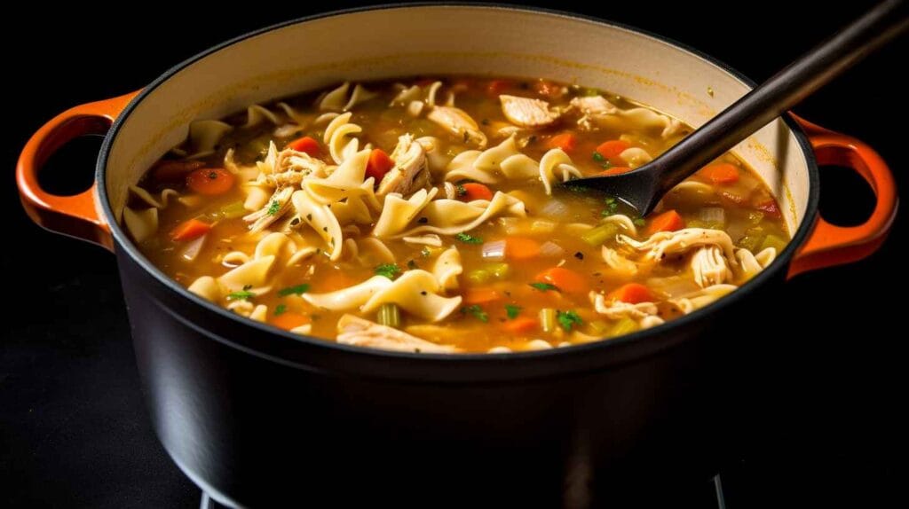 Spicy Chicken Noodle Soup: The Ultimate Cure For Winter Misery. 3 Pot of spicy chicken noodle soup simmering on a stovetop