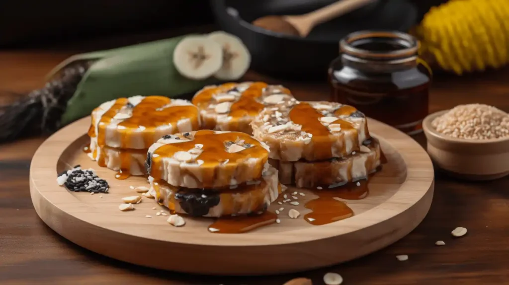 Are Rice Cakes Junk Food? Astonishing Myths and Facts Uncovered 3 Banana-filled rice cakes drizzled with syrup and sprinkled with sesame seeds and almonds, placed on a wooden plate. A unique take on the question: Are rice cakes junk food or a healthy treat?