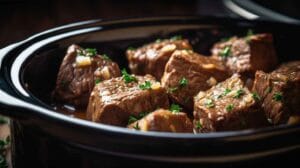 Tender crockpot steak bites in a slow cooker with herbs and garlic.