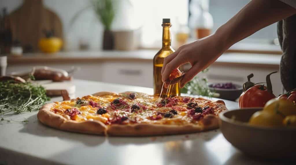 Hot Honey Pizza – The Best Flavor Combo You Never Expected! 2 A hand drizzling spicy honey over a pizza on a bright marble countertop.