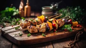 Grilled chicken on a stick with vegetables.