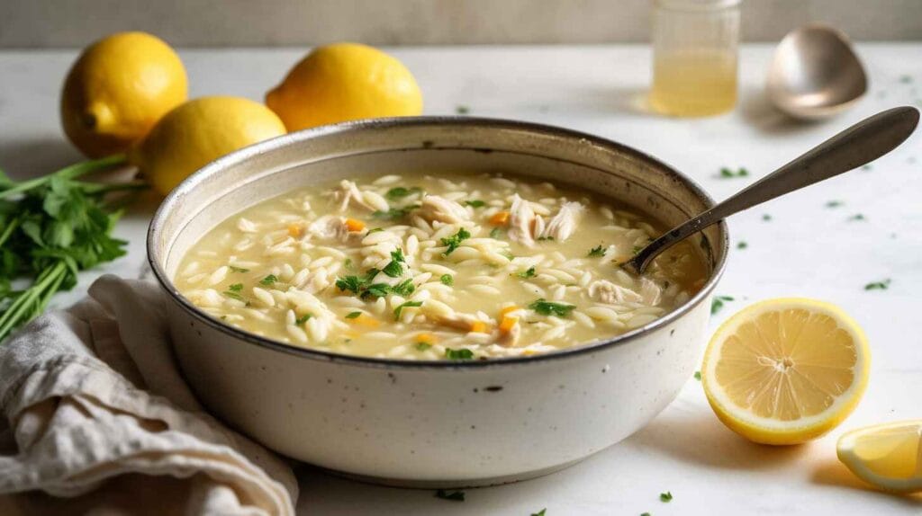 Greek Lemon Chicken Orzo Soup – The Ultimate Comfort In A Bowl 2 A pot of Greek Lemon Chicken Orzo Soup simmering on a bright kitchen counter.