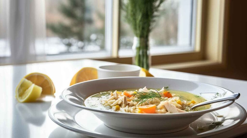 Greek Lemon Chicken Orzo Soup – The Ultimate Comfort In A Bowl 3 A bowl of Greek Lemon Chicken Orzo Soup served with pita bread and a Greek salad in a bright setting.