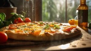 Hot honey pizza with mozzarella, cherry tomatoes, and basil on a bright wooden table.