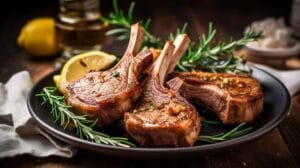 Air fryer lamb chops served with rosemary and lemon slices on a plate.