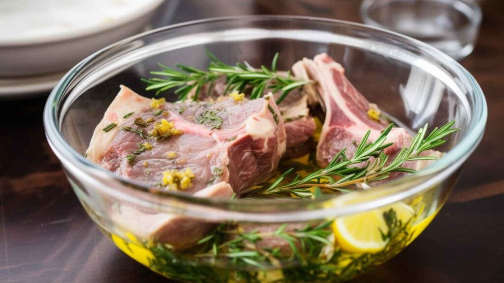 Air Fryer Lamb Chops: Easy, Juicy, and Perfect Every Time 2 Raw lamb chops marinating in a bowl with garlic, rosemary, and olive oil.