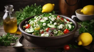 Mediterranean cucumber salad in a ceramic bowl with fresh ingredients.