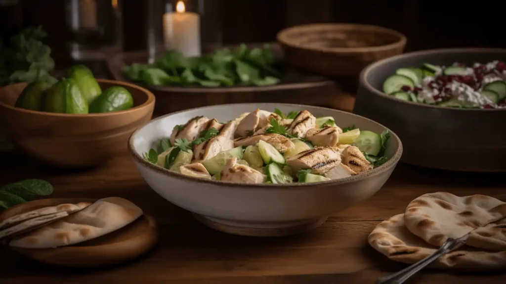 How to Make a Delicious Mediterranean Cucumber Salad 3 A Mediterranean cucumber salad with sliced cucumbers, grilled chicken, leafy greens, and herbs in a ceramic bowl, accompanied by pita bread and fresh limes on a wooden table.