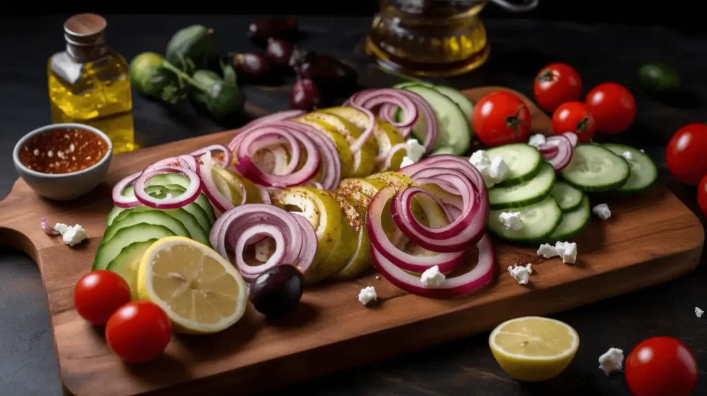 How to Make a Delicious Mediterranean Cucumber Salad 2 A vibrant Mediterranean cucumber salad with sliced cucumbers, red onions, cherry tomatoes, feta cheese, and lemon on a wooden cutting board, garnished with olive oil and spices.