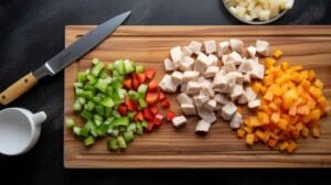 Cubed chicken, knife, and skewers ready for making chicken on a stick.