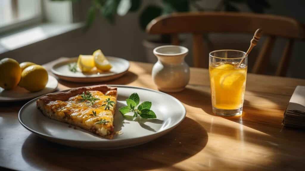 Hot Honey Pizza – The Best Flavor Combo You Never Expected! 3 A slice of hot honey pizza served with iced lemon-mint tea on a bright dining table.