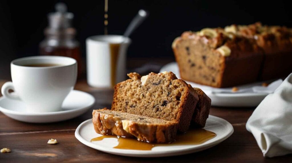4 Ingredient Banana Bread Recipe: Quick, Easy, and Delicious 3 Sliced 4 ingredient banana bread on a plate with honey and coffee.