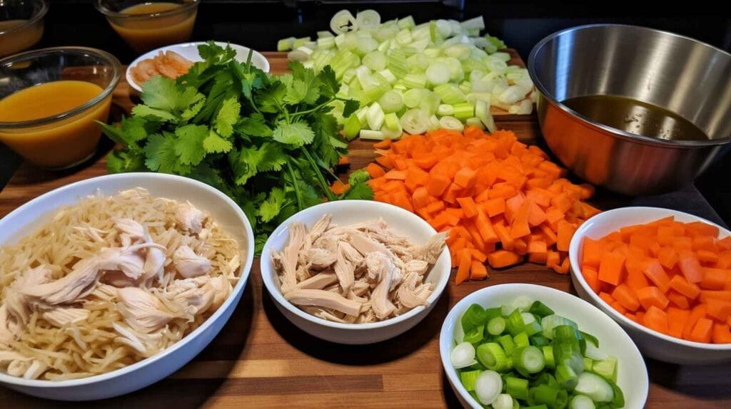 Spicy Chicken Noodle Soup: The Ultimate Cure For Winter Misery. 2 Ingredients for spicy chicken noodle soup on a kitchen counter