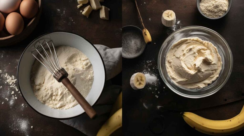 4 Ingredient Banana Bread Recipe: Quick, Easy, and Delicious 2 Mixing bowl with mashed bananas, eggs, and flour on a kitchen counter.