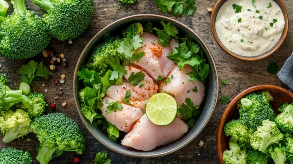 Irresistible Grilled Chicken and Broccoli Bowls! 2 Raw chicken marinating with spices for Grilled Chicken and Broccoli Bowls with Creamy Garlic Sauce, next to fresh broccoli and garlic sauce.