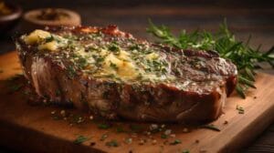 Juicy steak with melted cowboy butter and fresh herbs
