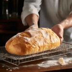 Freshly baked Cuban bread loaf cooling on a wire rack, lightly dusted with flour, with a baker’s hands adjusting it in the background.