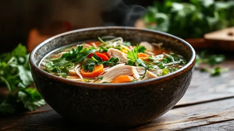 A beautifully plated bowl of gluten-free soup with tender chicken, fresh vegetables, and rice noodles in a ceramic bowl on a wooden table, captured in high-end food photography style.