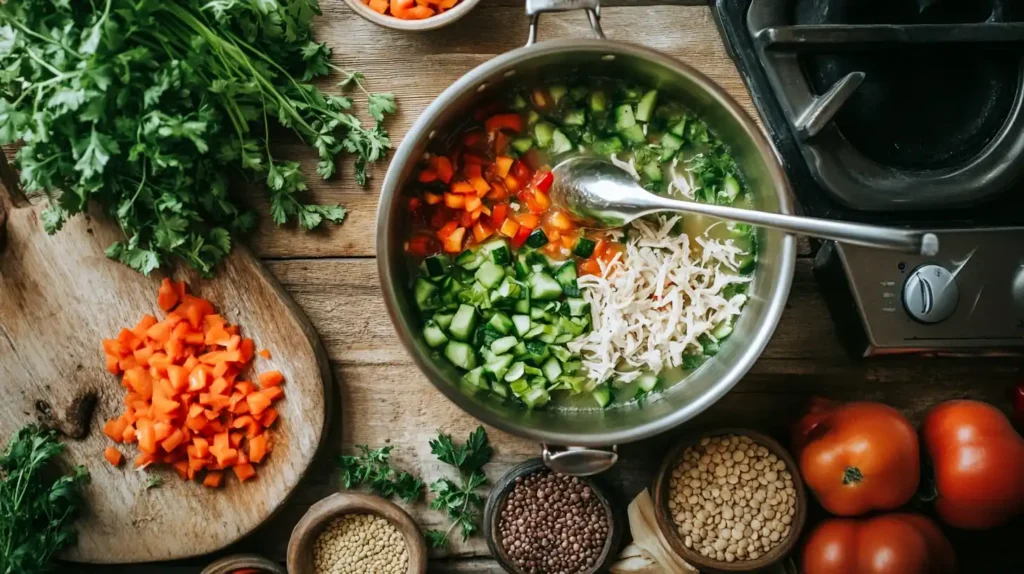 Gluten-Free Soup Done Right: Thick, Hearty, and Full of Flavor 2 A top-down view of fresh ingredients for gluten-free soup, including vegetables, chicken, lentils, coconut milk, and gluten-free pasta, displayed on a wooden countertop with a pot on the stovetop.