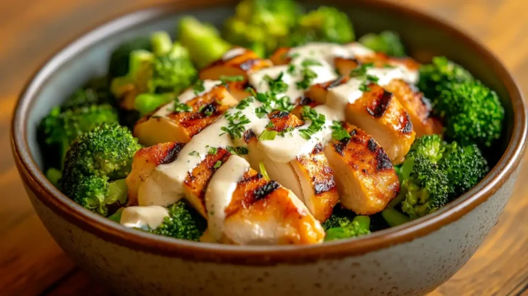 A grilled chicken and broccoli bowl drizzled with creamy garlic sauce.