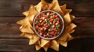 Chips and Salsa served with fresh tomato salsa and crispy golden tortilla chips on a rustic wooden table.