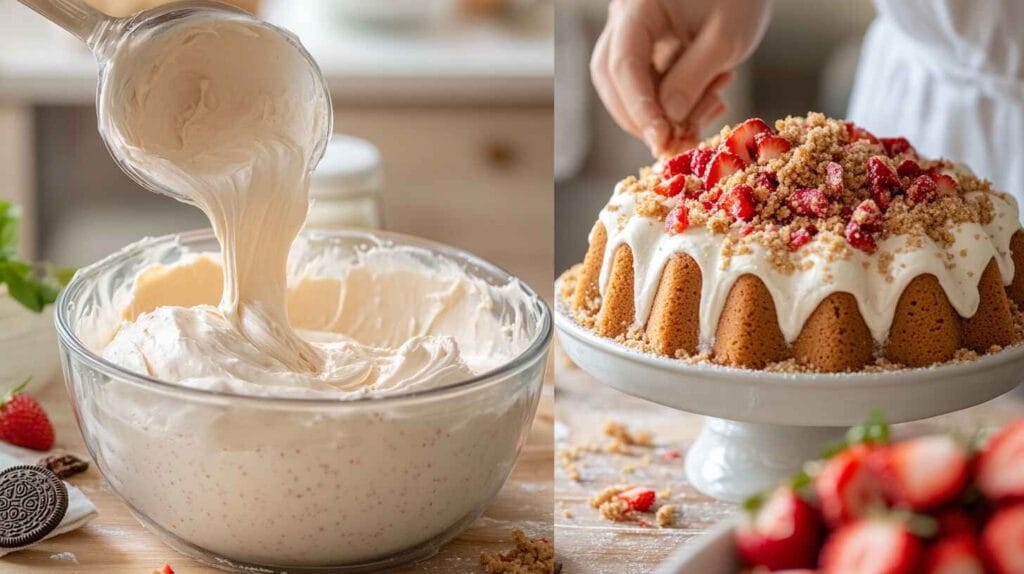 Strawberry Crunch Pound Cake: The Best Recipe You’ll Ever Try! 2 Mixing batter and preparing Strawberry Crunch Pound Cake.