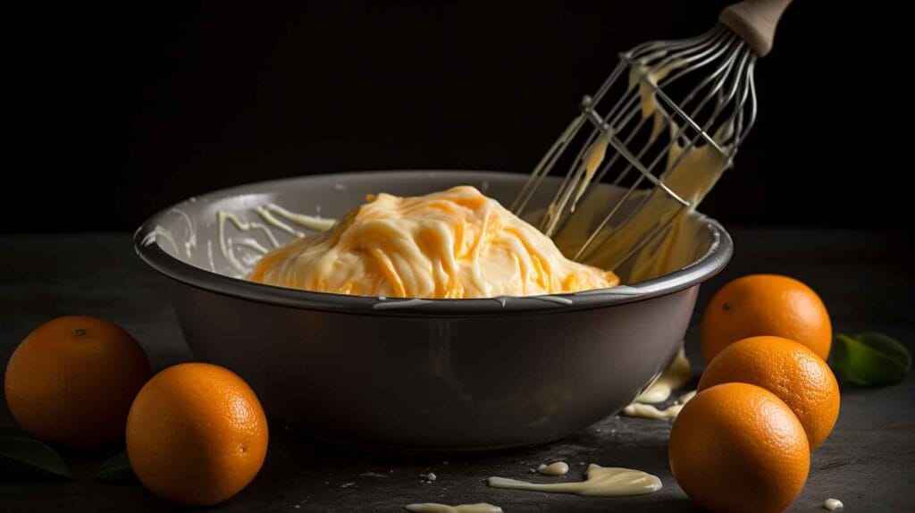 A mixing bowl with smooth orange cake batter and a whisk.