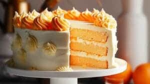 A beautifully frosted Orange Creamsicle Cake with orange zest on top.
